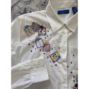 New Vtg Karen Scott Large White Button-Up Shirt Holiday Gift Embroidery Sequins